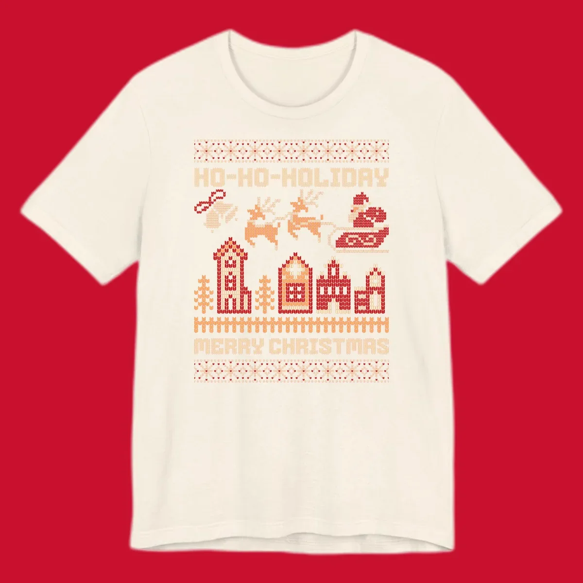 Ugly Christmas village with Santa and reindeer, text HO-HO-HOLIDAY MERRY CHRISTMAS.