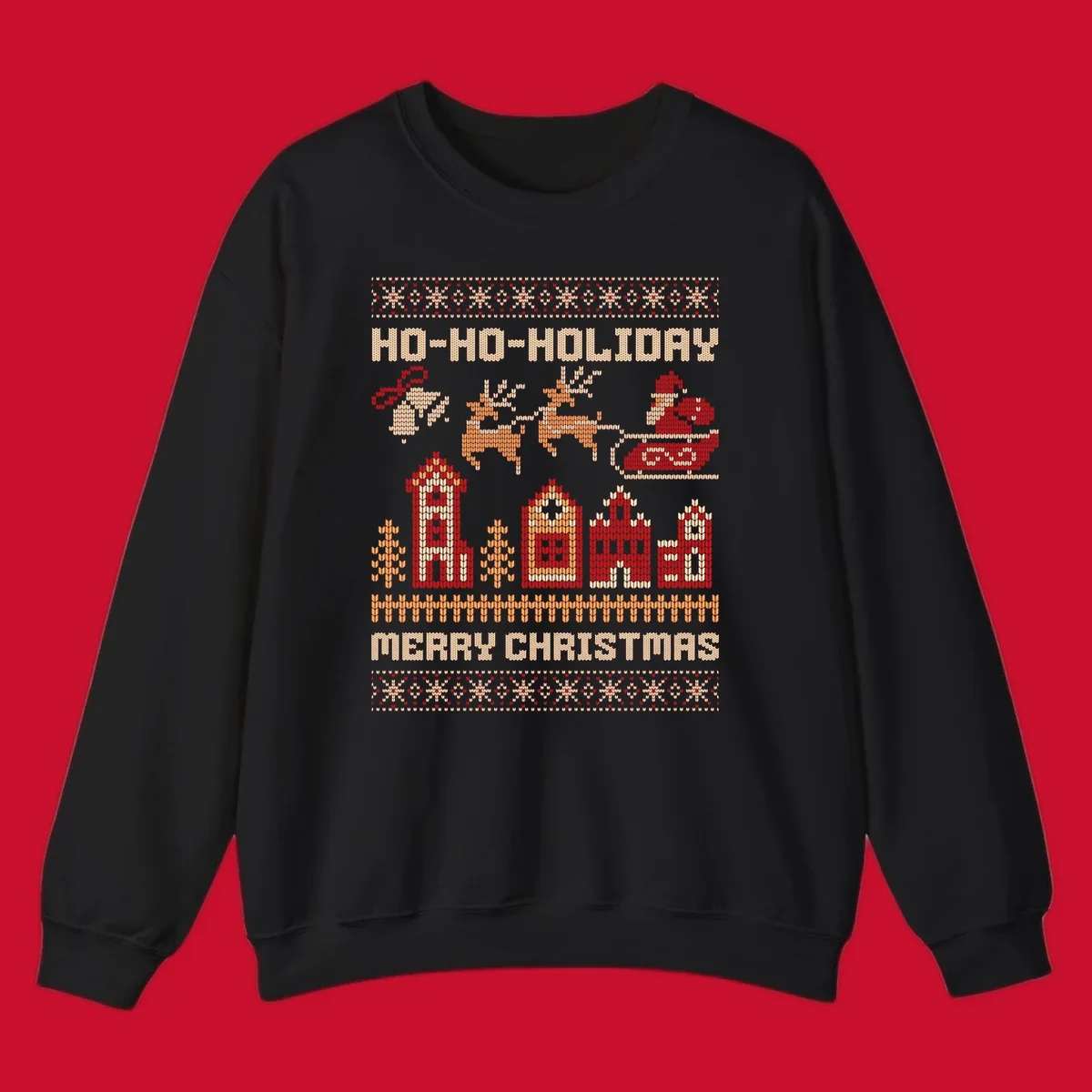 Ugly Christmas village with Santa and reindeer, text HO-HO-HOLIDAY MERRY CHRISTMAS.