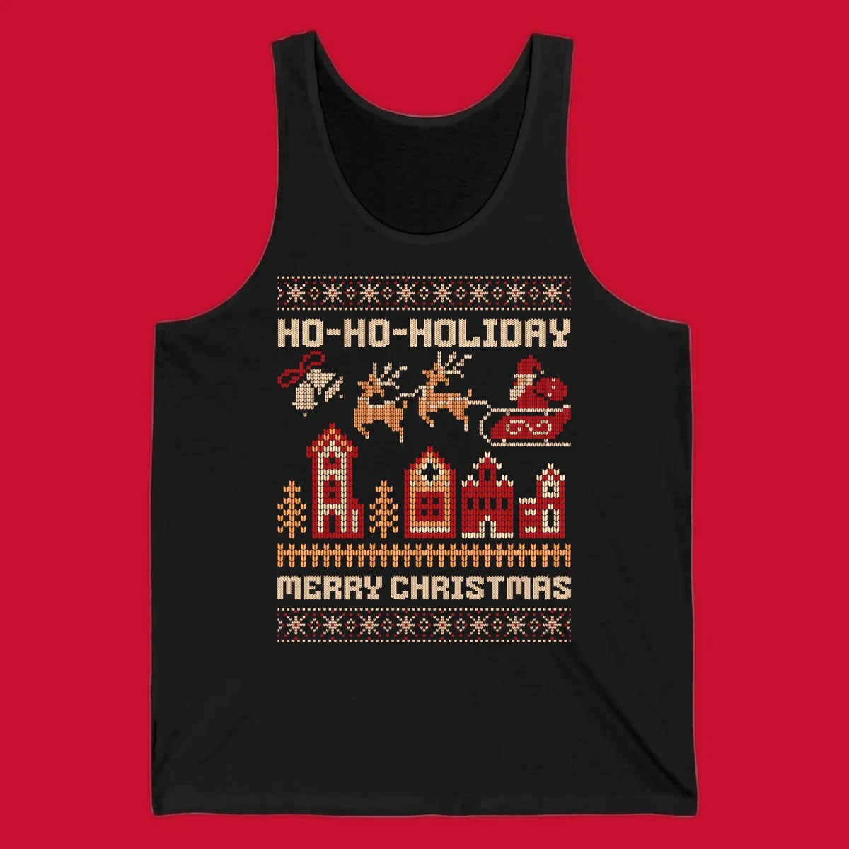 Ugly Christmas village with Santa and reindeer, text HO-HO-HOLIDAY MERRY CHRISTMAS.