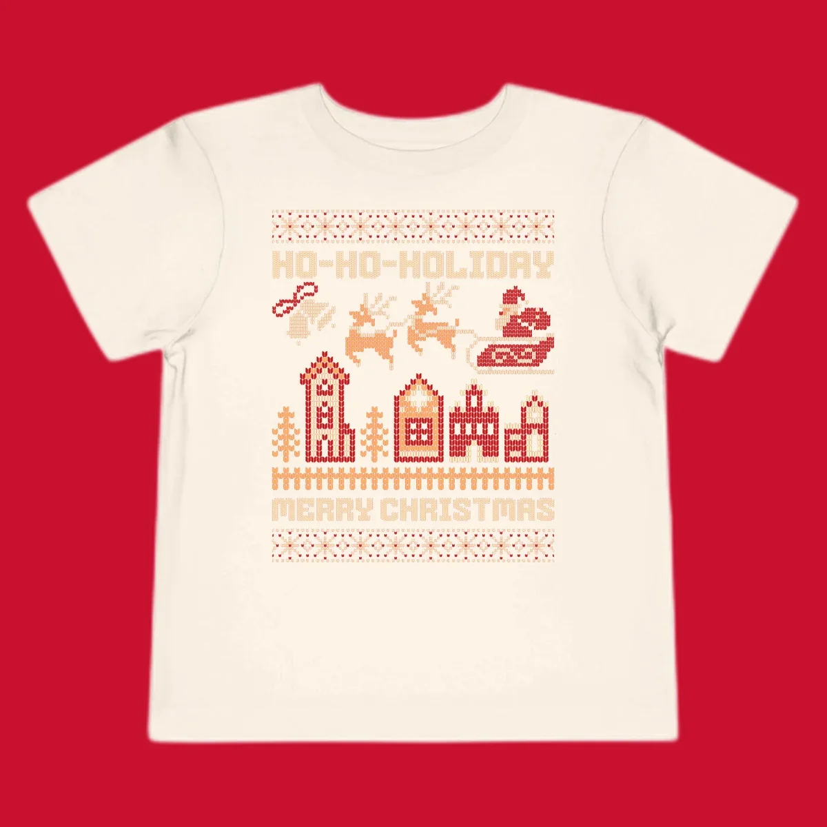 Ugly Christmas village with Santa and reindeer, text HO-HO-HOLIDAY MERRY CHRISTMAS.