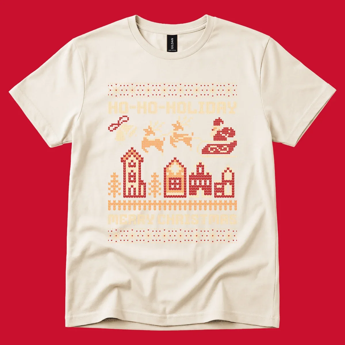 Ugly Christmas village with Santa and reindeer, text HO-HO-HOLIDAY MERRY CHRISTMAS.