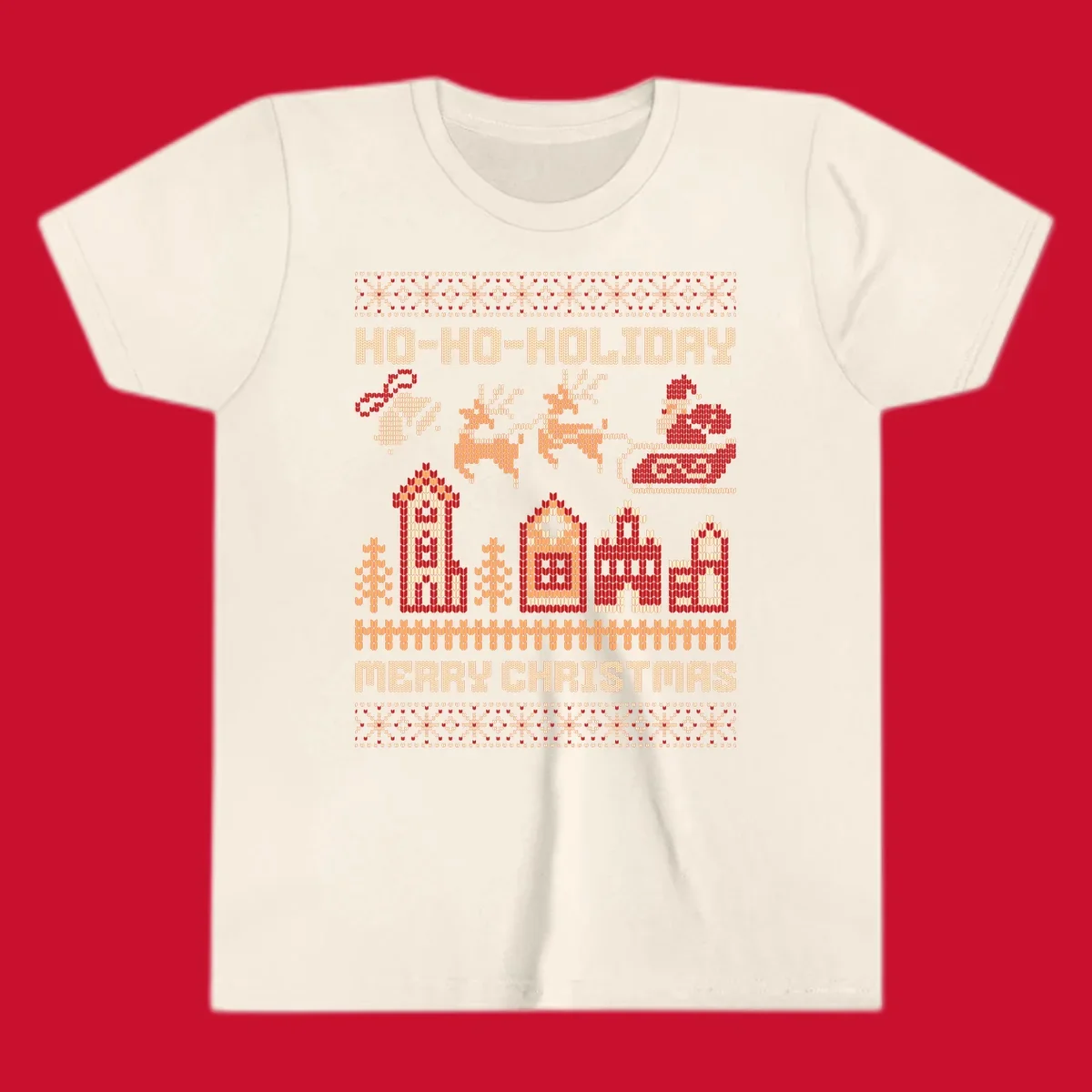Ugly Christmas village with Santa and reindeer, text HO-HO-HOLIDAY MERRY CHRISTMAS.