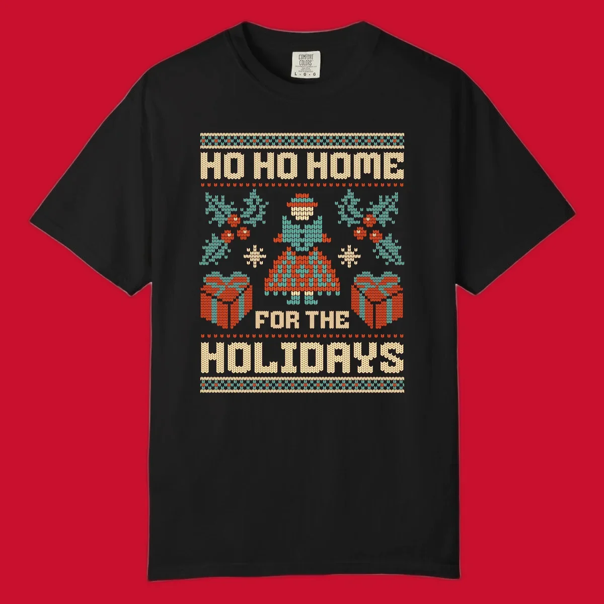Ugly Christmas sweater design with 'HO HO HOME FOR THE HOLIDAYS' text, woman, gifts, and festive motifs.