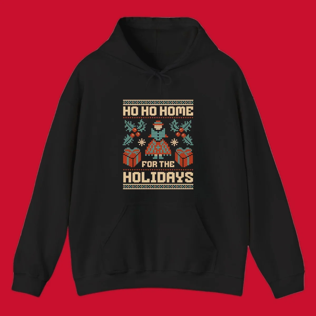 Ugly Christmas sweater design with 'HO HO HOME FOR THE HOLIDAYS' text, woman, gifts, and festive motifs.