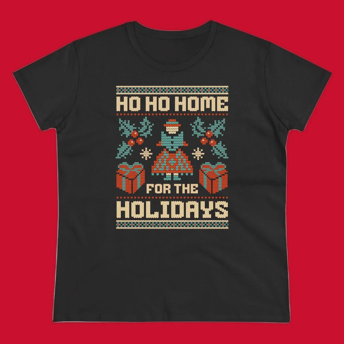 Ugly Christmas sweater design with 'HO HO HOME FOR THE HOLIDAYS' text, woman, gifts, and festive motifs.