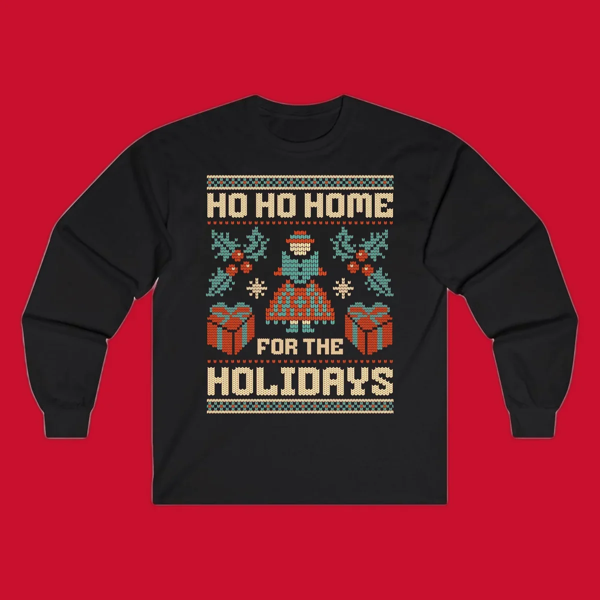 Ugly Christmas sweater design with 'HO HO HOME FOR THE HOLIDAYS' text, woman, gifts, and festive motifs.