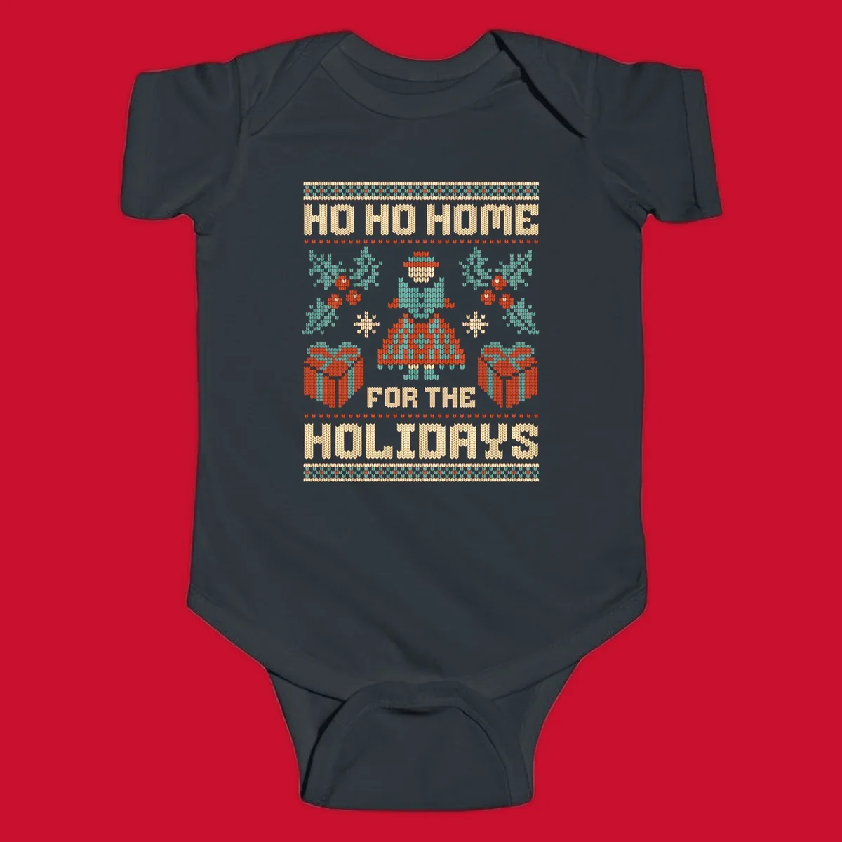 Ugly Christmas sweater design with 'HO HO HOME FOR THE HOLIDAYS' text, woman, gifts, and festive motifs.