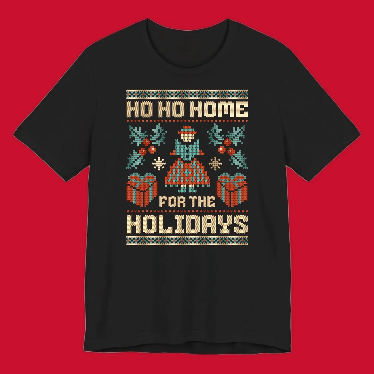 Ugly Christmas sweater design with 'HO HO HOME FOR THE HOLIDAYS' text, woman, gifts, and festive motifs.
