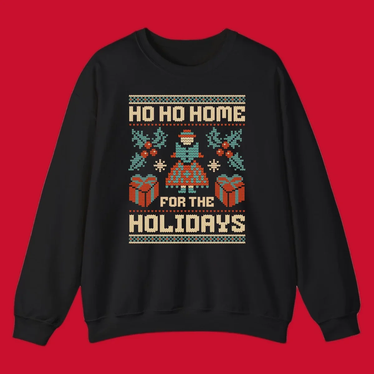 Ugly Christmas sweater design with 'HO HO HOME FOR THE HOLIDAYS' text, woman, gifts, and festive motifs.