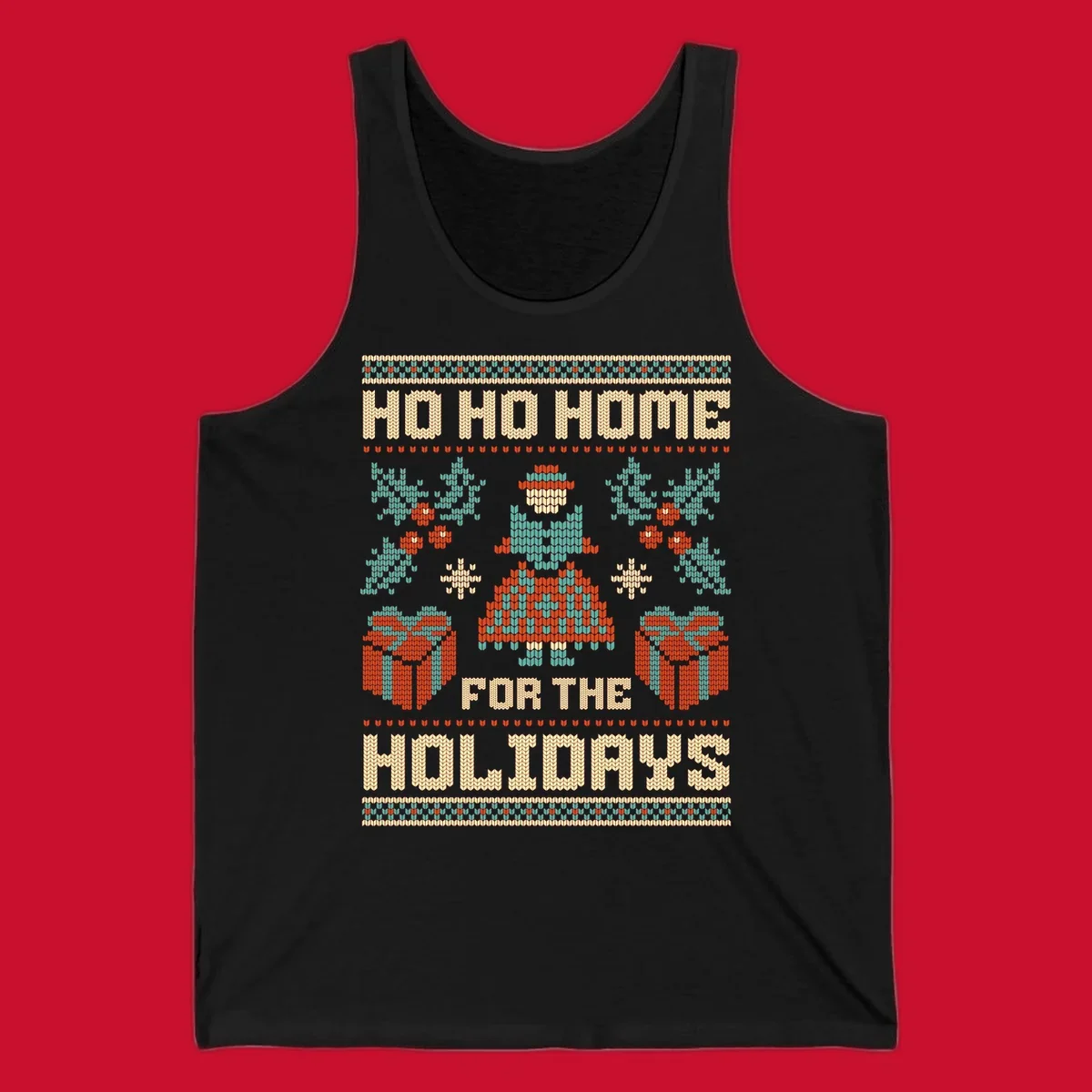 Ugly Christmas sweater design with 'HO HO HOME FOR THE HOLIDAYS' text, woman, gifts, and festive motifs.
