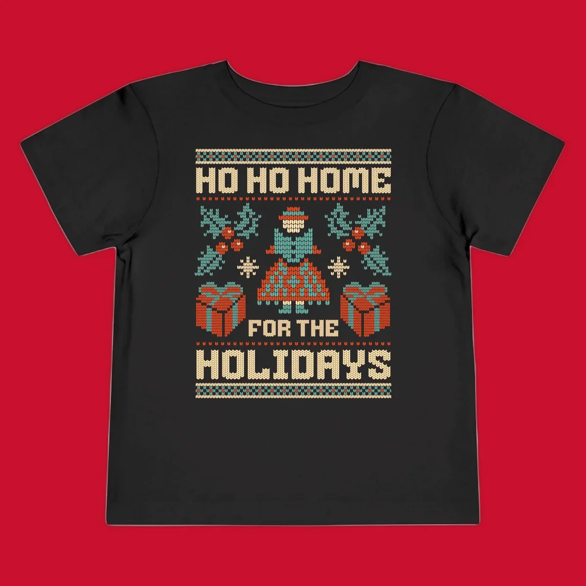 Ugly Christmas sweater design with 'HO HO HOME FOR THE HOLIDAYS' text, woman, gifts, and festive motifs.