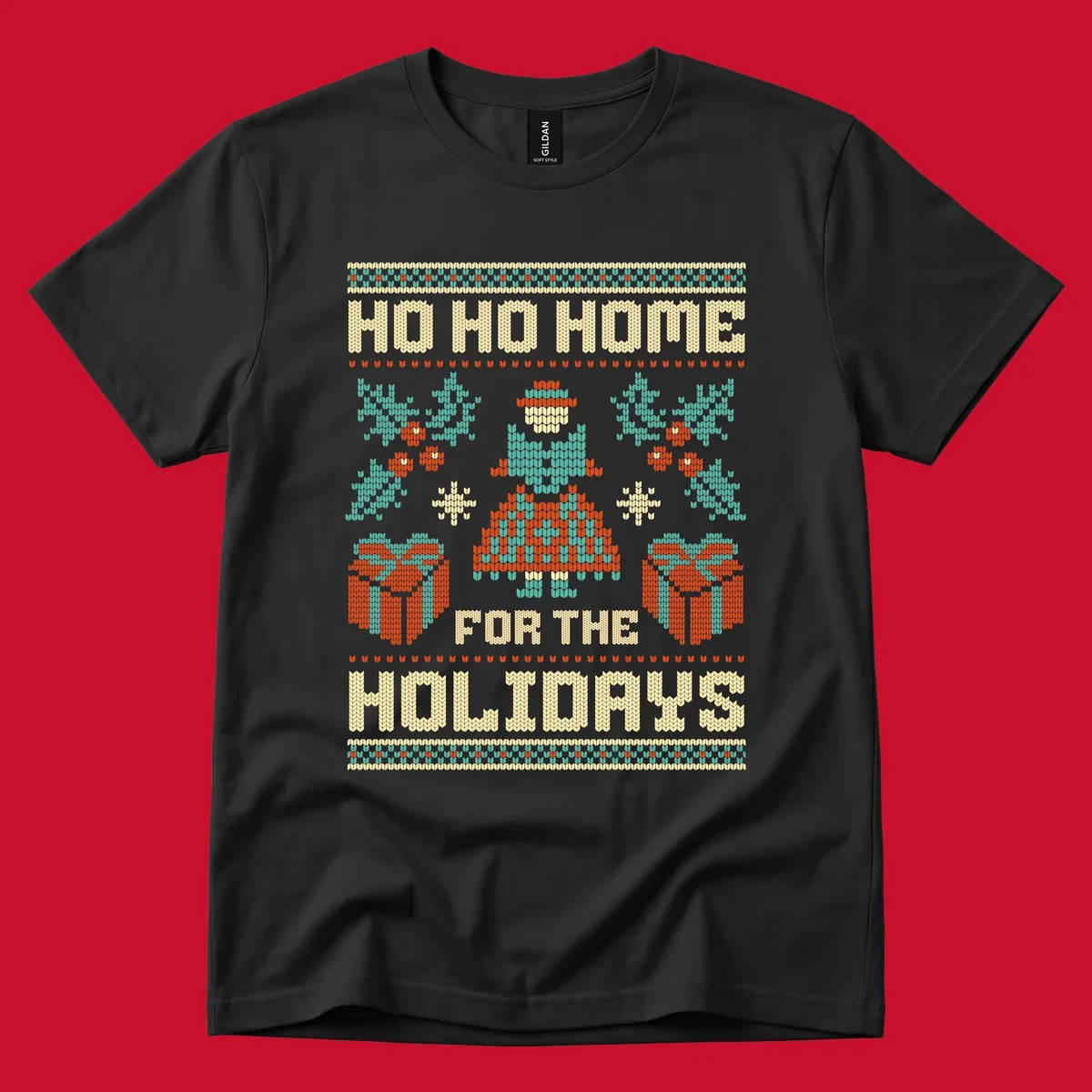 Ugly Christmas sweater design with 'HO HO HOME FOR THE HOLIDAYS' text, woman, gifts, and festive motifs.