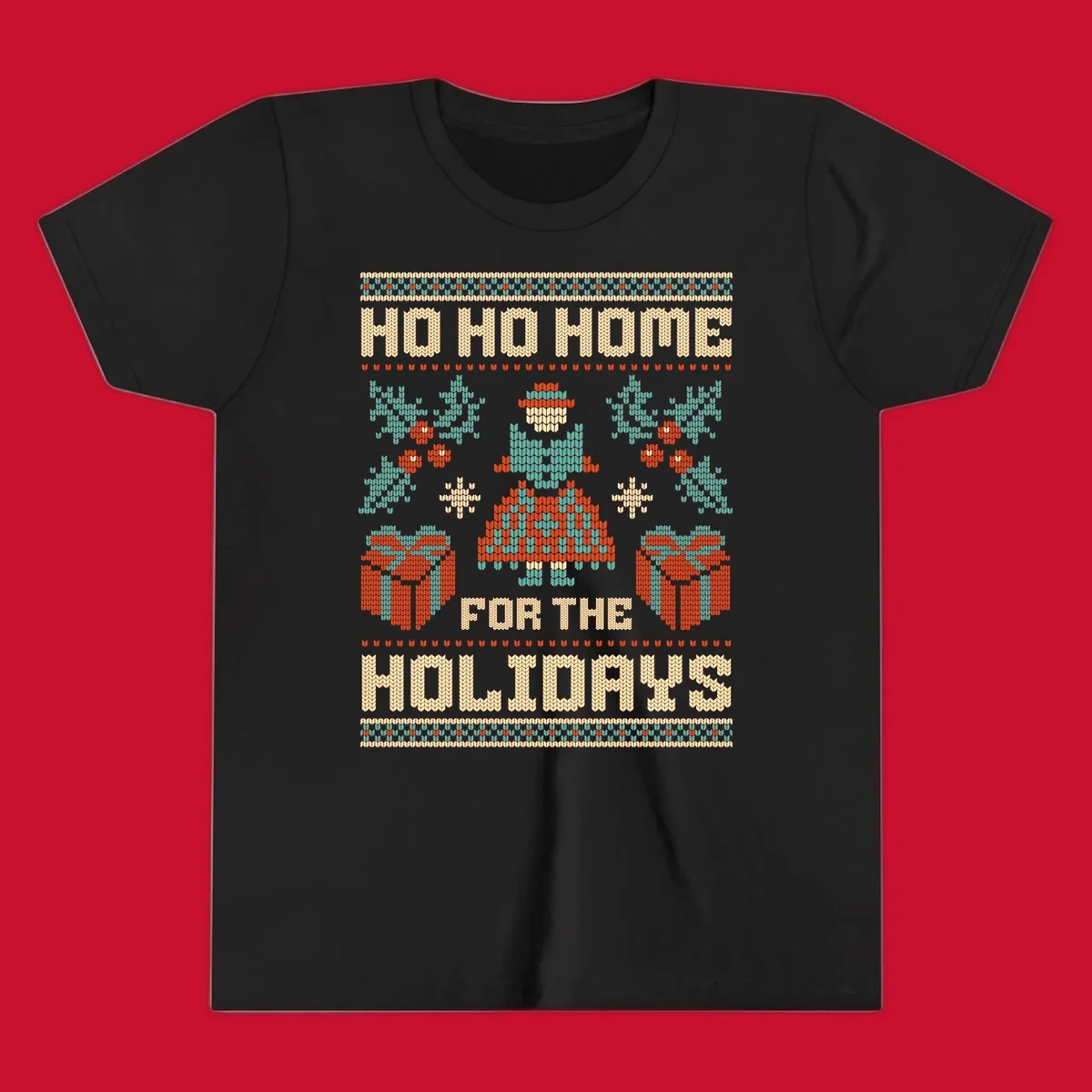 Ugly Christmas sweater design with 'HO HO HOME FOR THE HOLIDAYS' text, woman, gifts, and festive motifs.