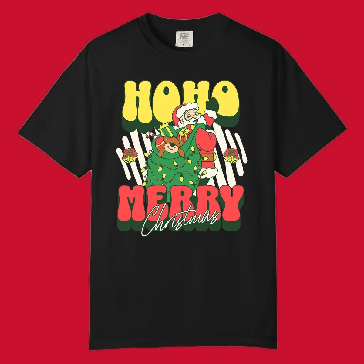 Ho ho christmas santa claus illustration with text, gifts, and lights.