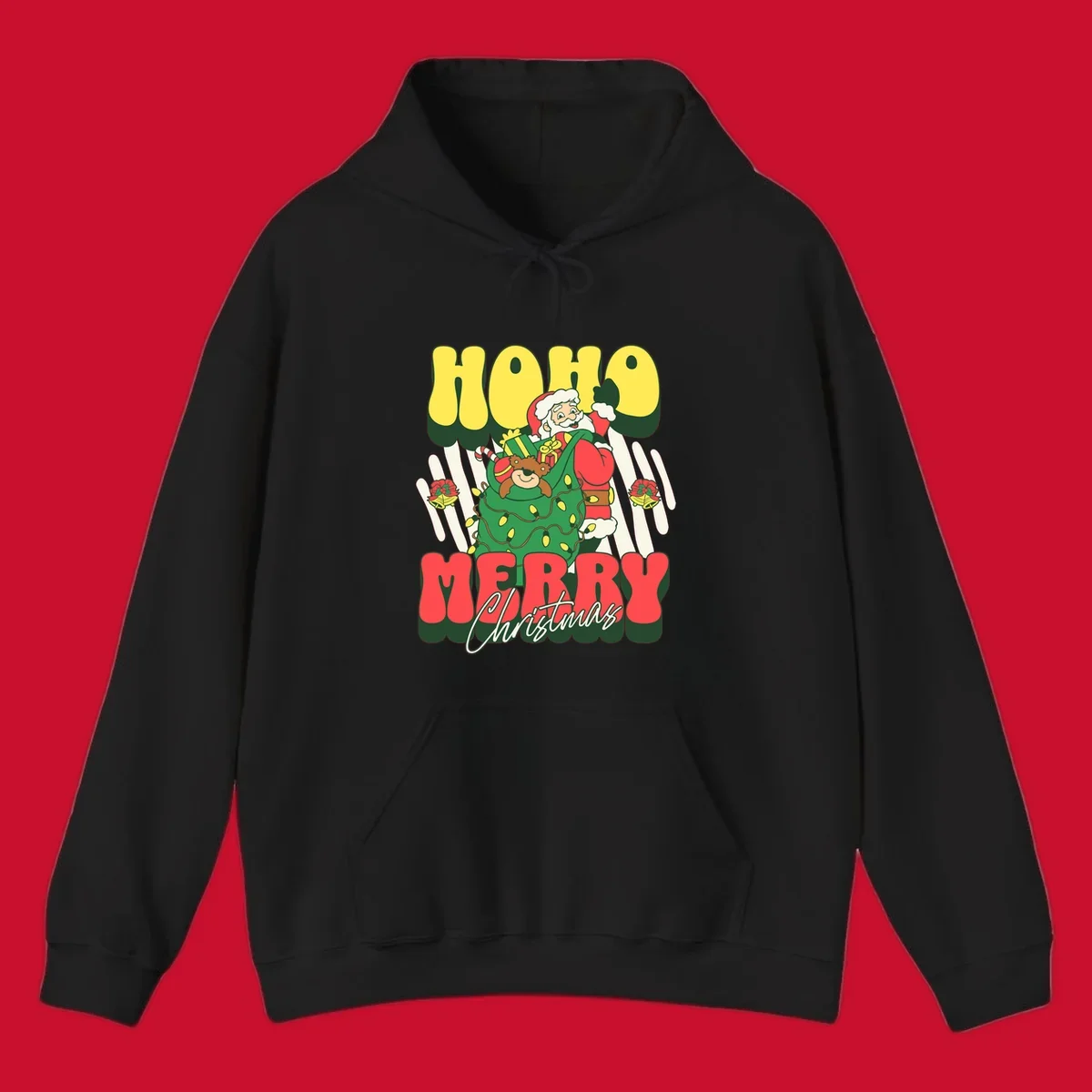 Ho ho christmas santa claus illustration with text, gifts, and lights.