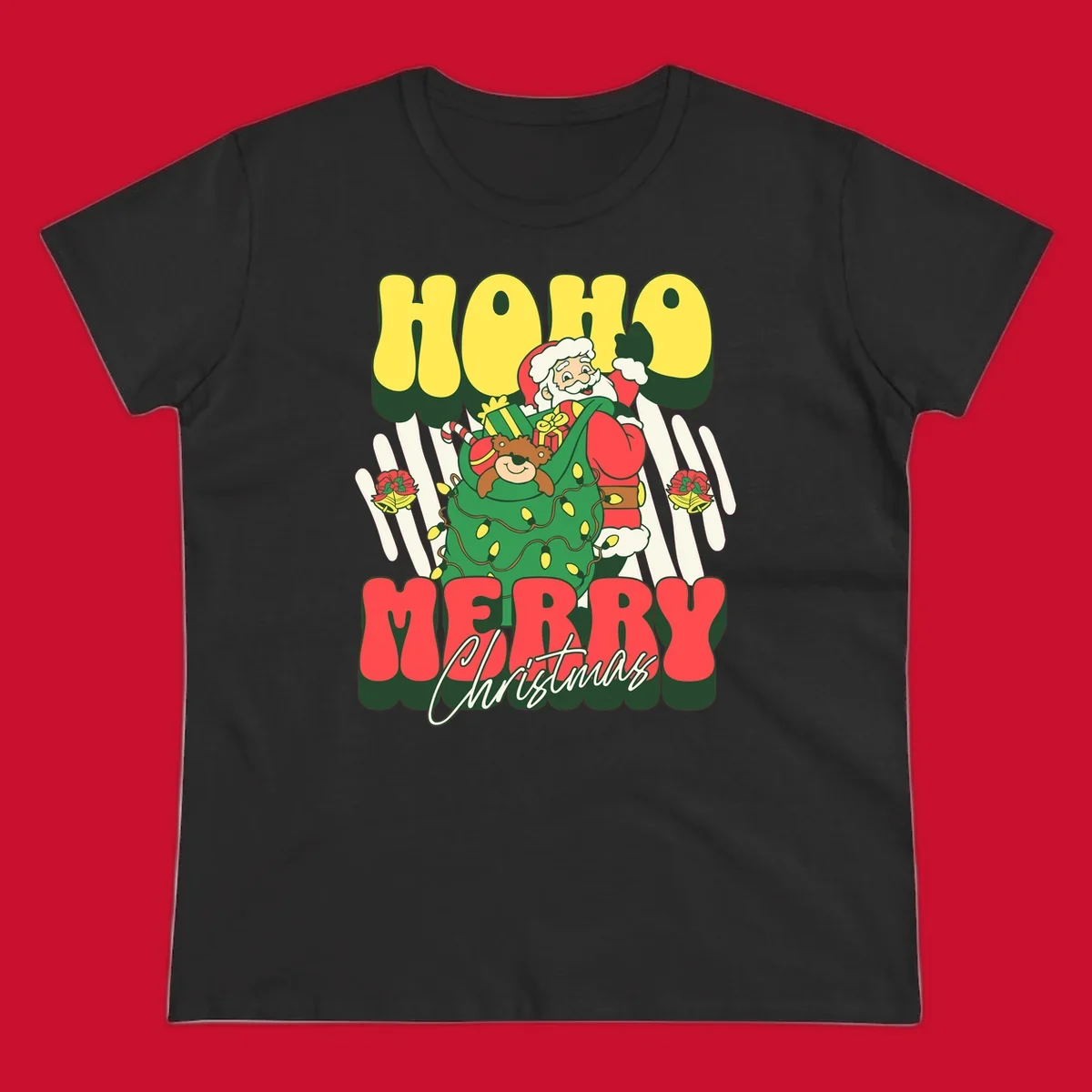Ho ho christmas santa claus illustration with text, gifts, and lights.