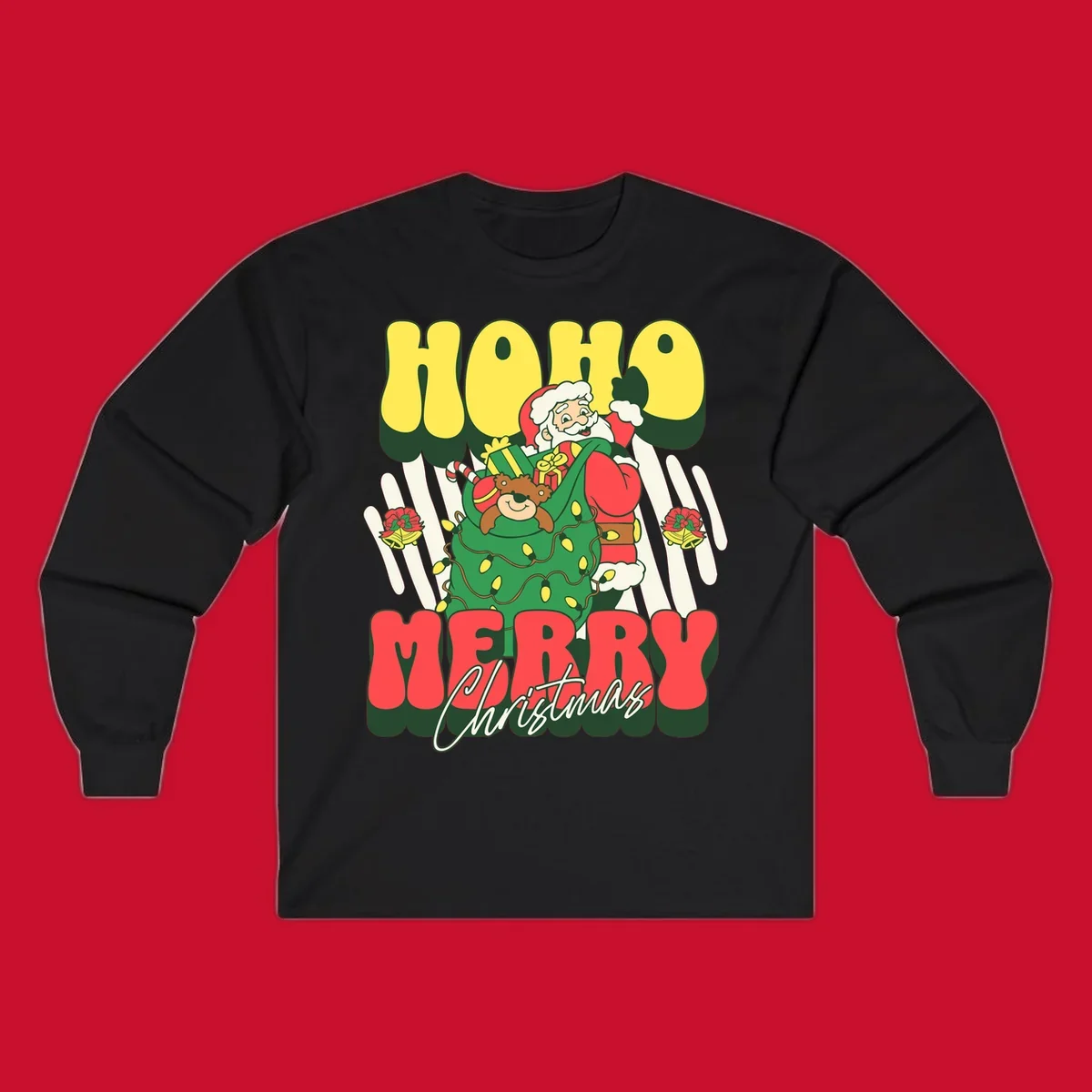 Ho ho christmas santa claus illustration with text, gifts, and lights.