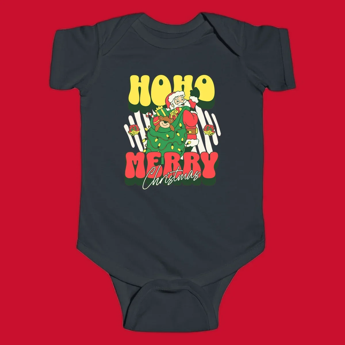 Ho ho christmas santa claus illustration with text, gifts, and lights.