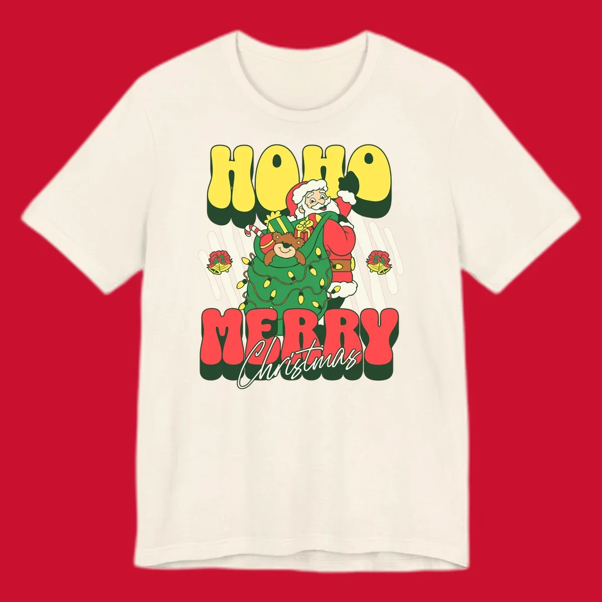 Ho ho christmas santa claus illustration with text, gifts, and lights.