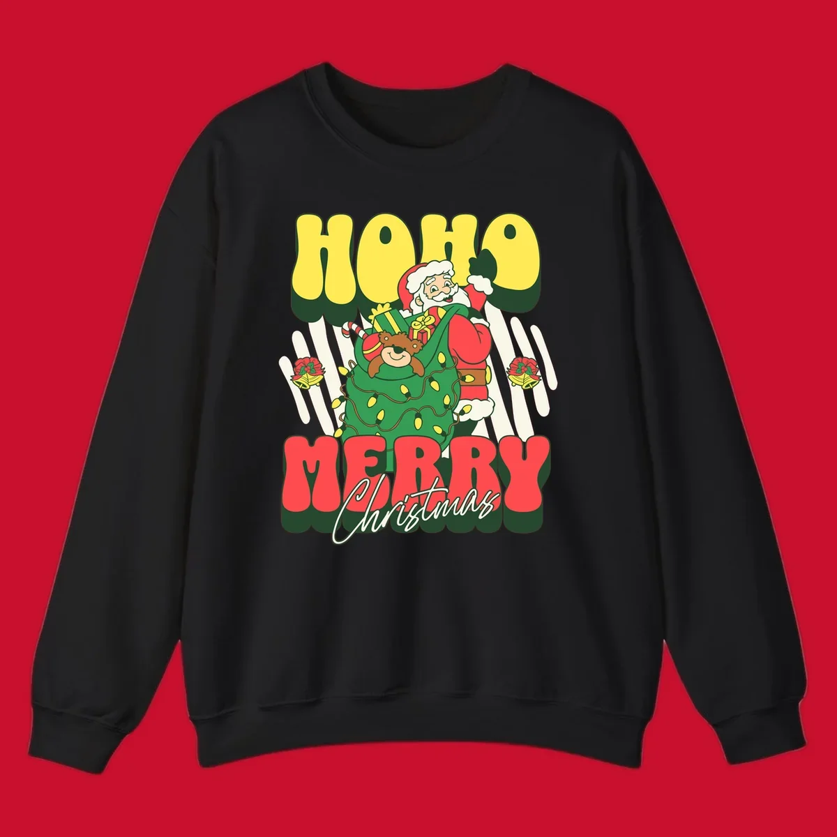 Ho ho christmas santa claus illustration with text, gifts, and lights.