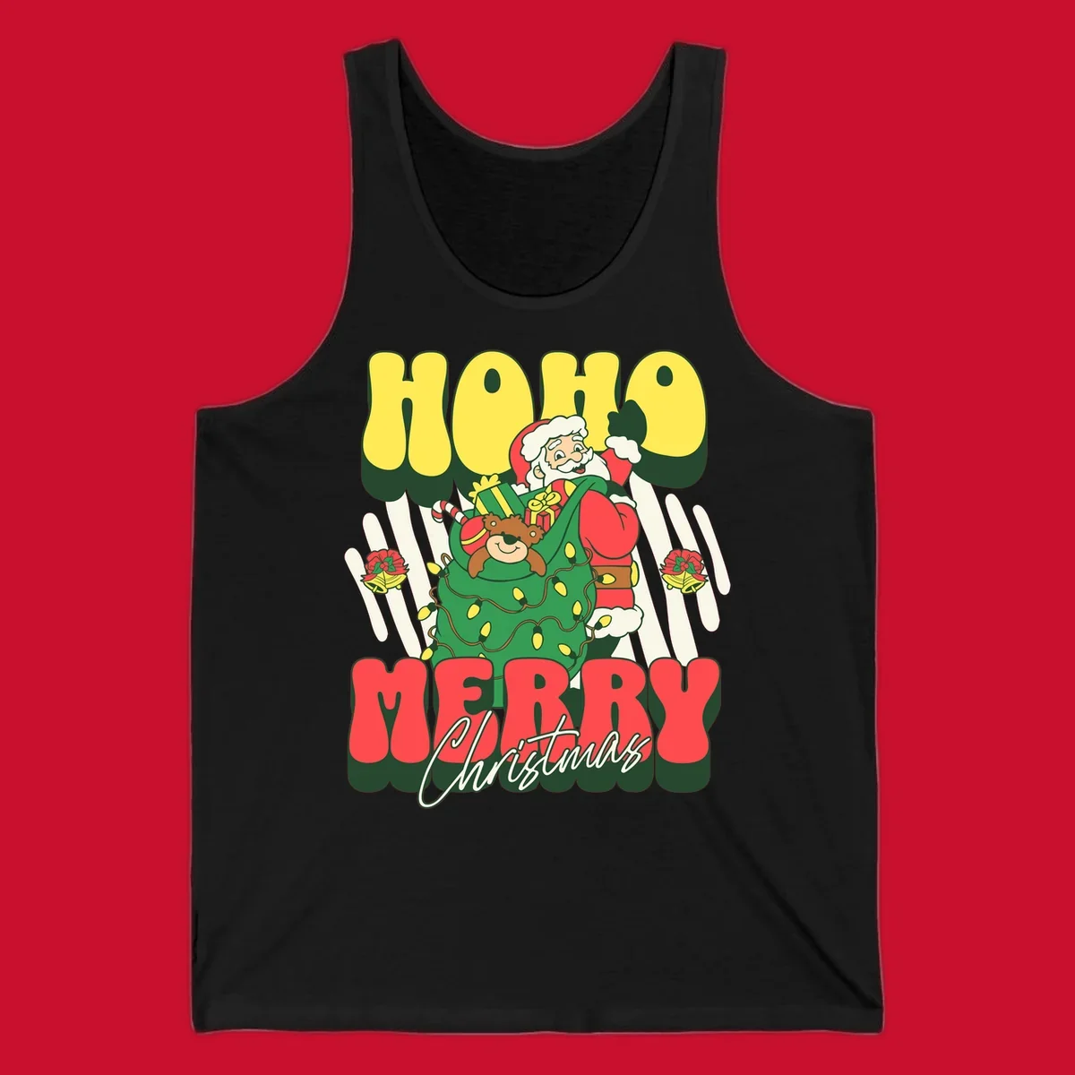 Ho ho christmas santa claus illustration with text, gifts, and lights.