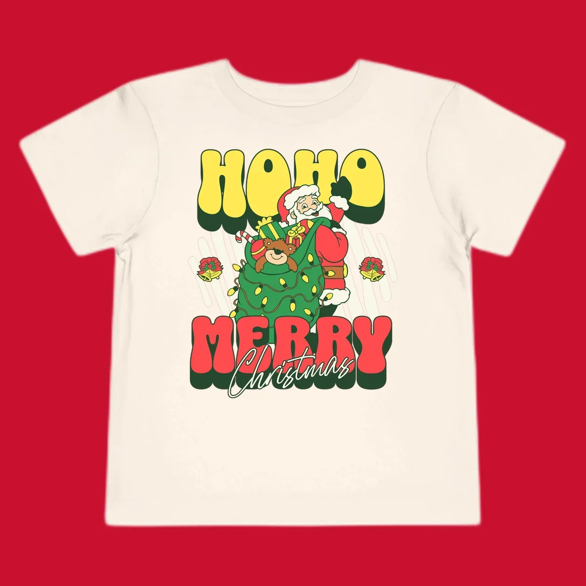 Ho ho christmas santa claus illustration with text, gifts, and lights.