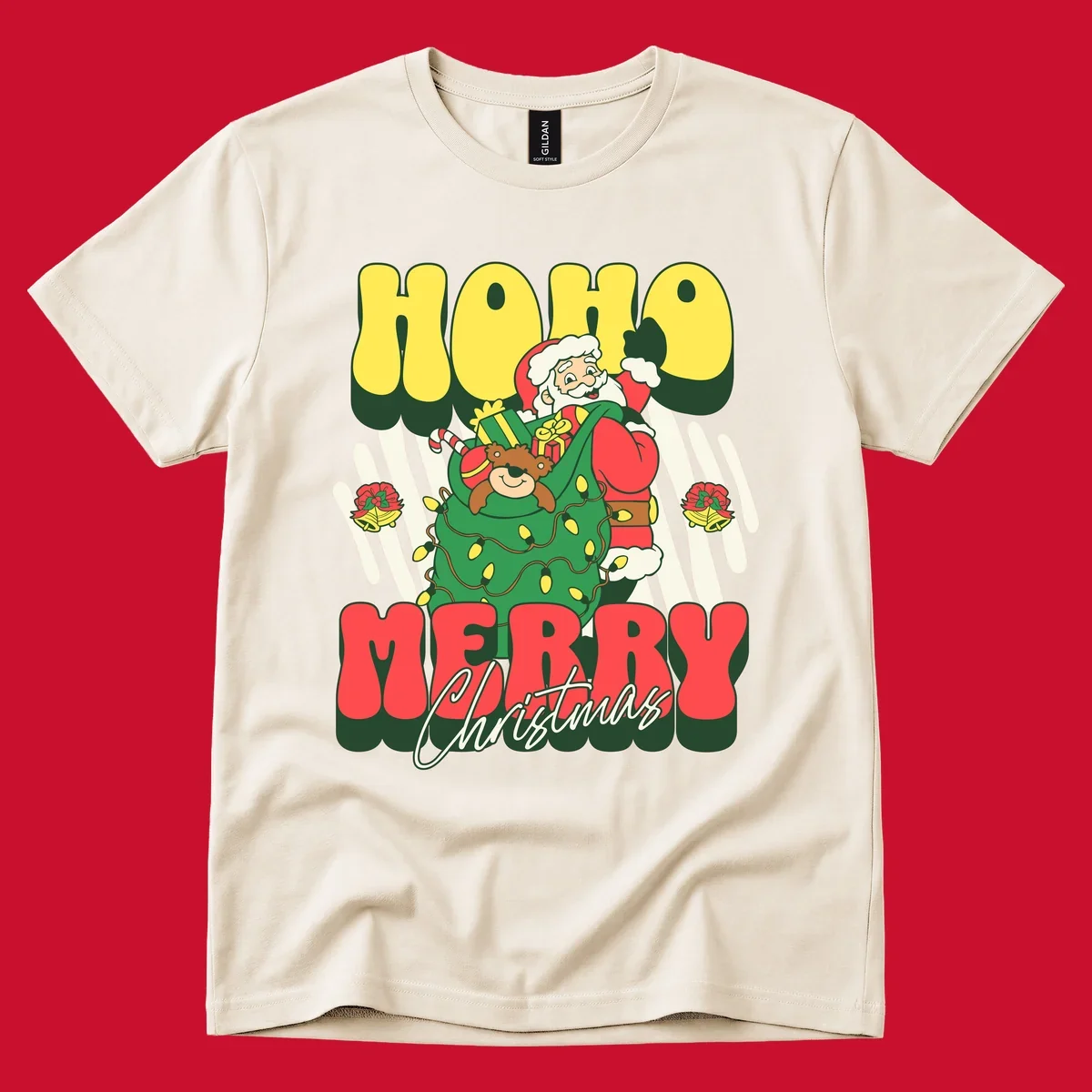 Ho ho christmas santa claus illustration with text, gifts, and lights.