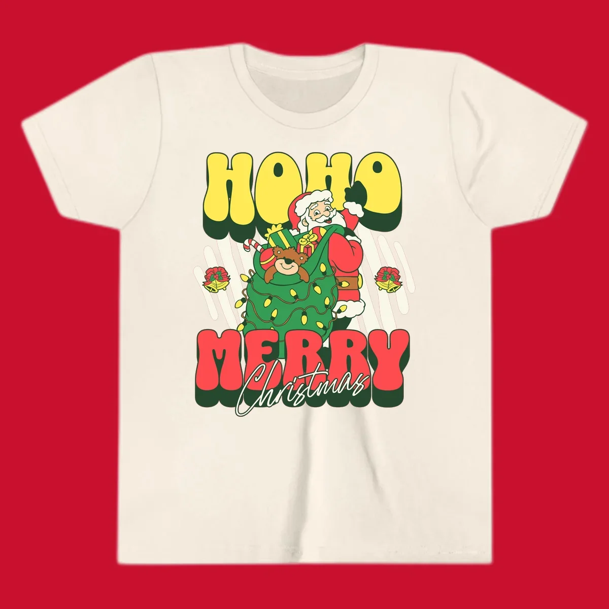 Ho ho christmas santa claus illustration with text, gifts, and lights.