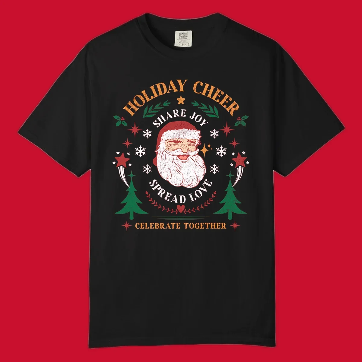 Santa Claus holiday cheer graphic with festive elements and text, for Christmas shirts.