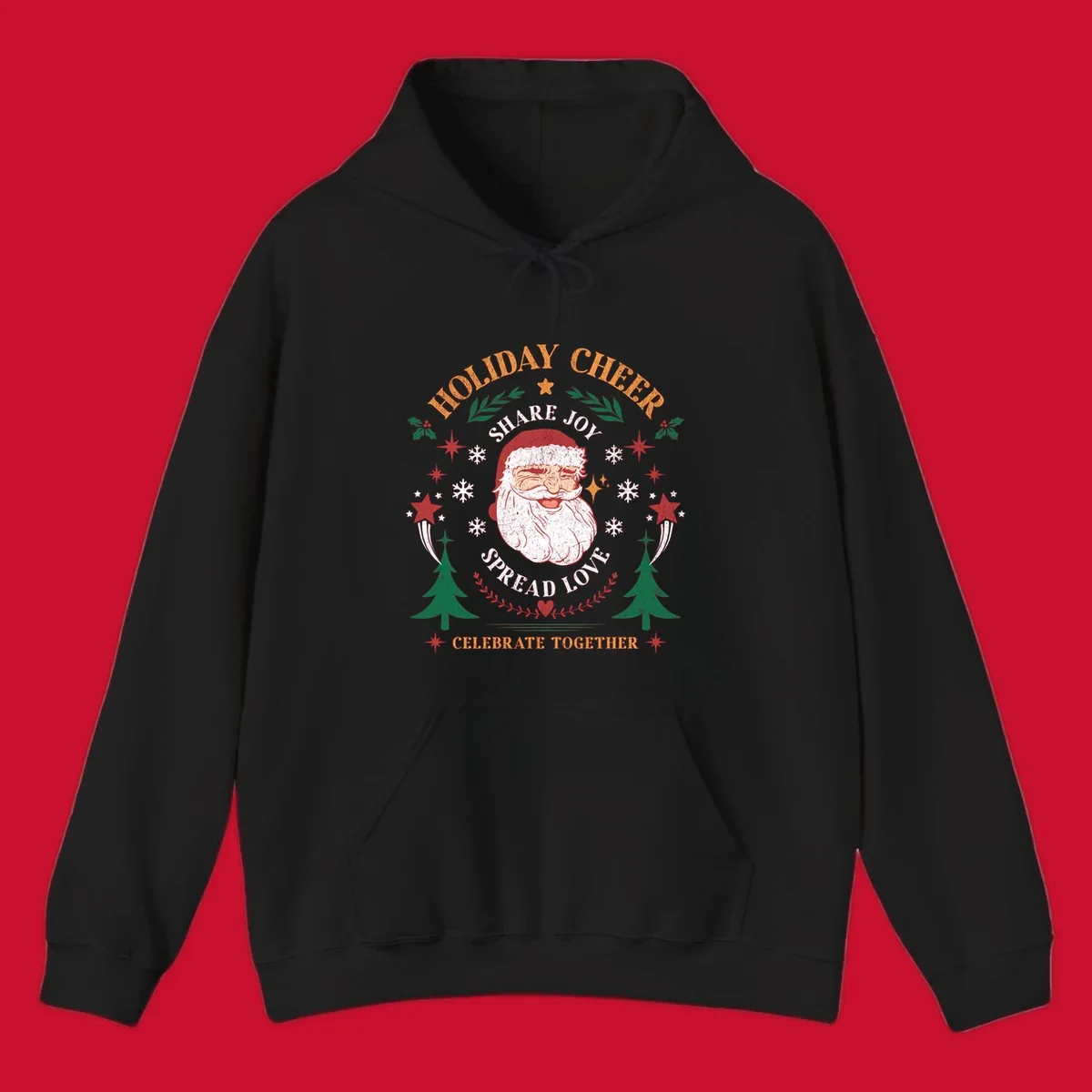 Santa Claus holiday cheer graphic with festive elements and text, for Christmas shirts.