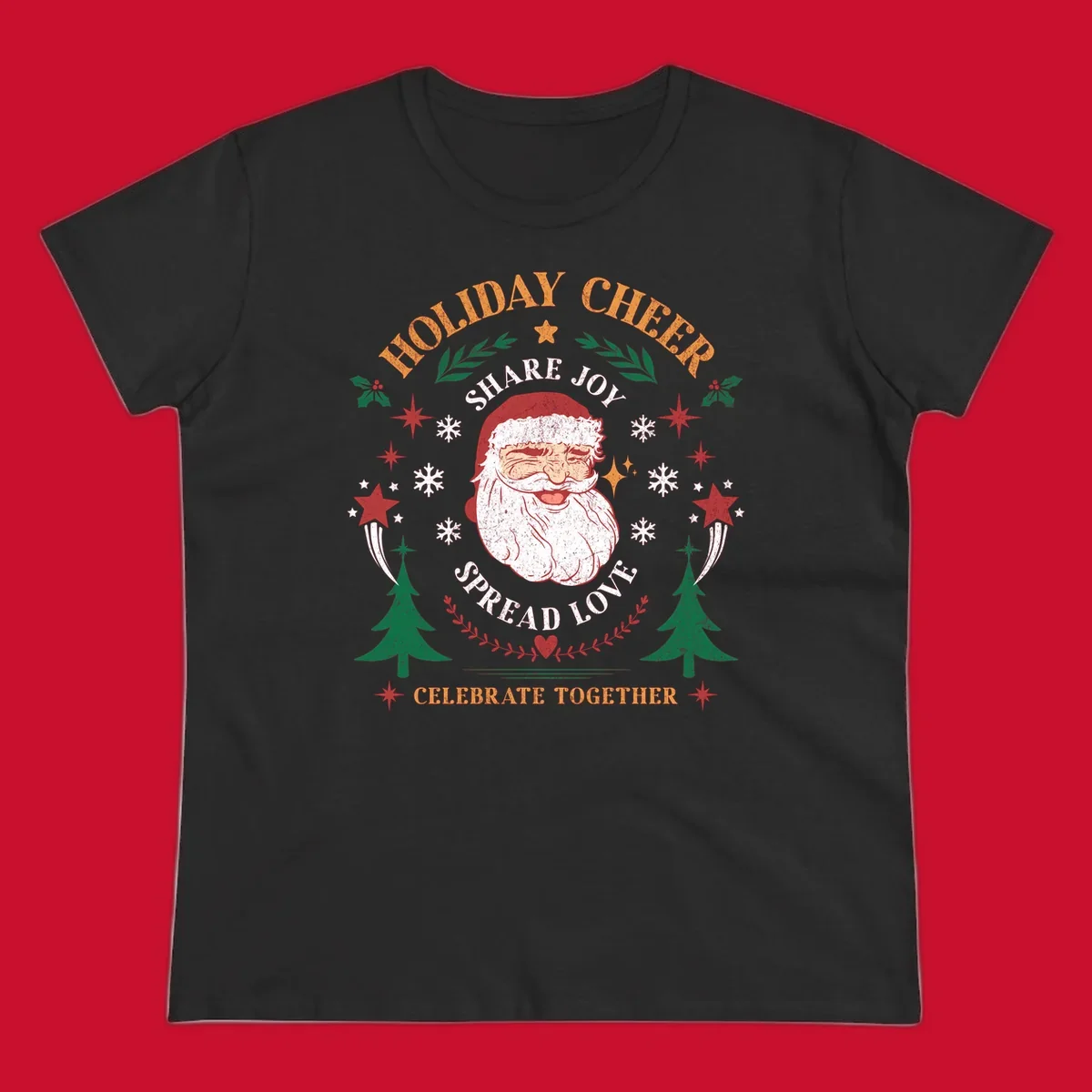 Santa Claus holiday cheer graphic with festive elements and text, for Christmas shirts.