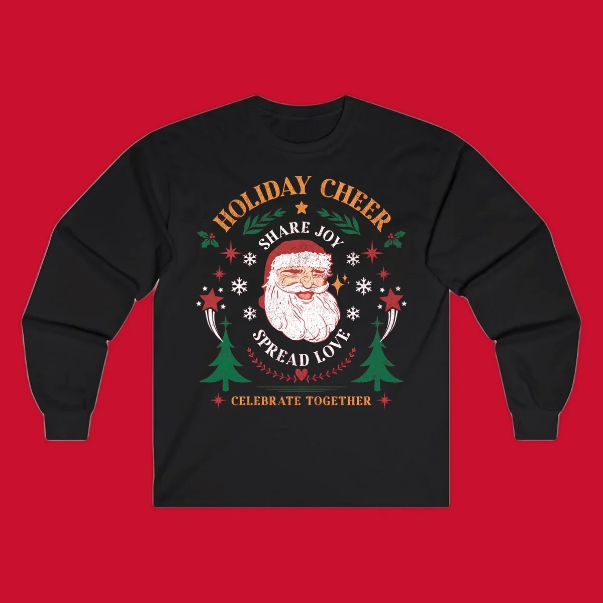 Santa Claus holiday cheer graphic with festive elements and text, for Christmas shirts.