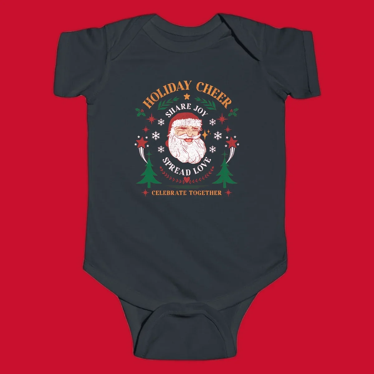 Santa Claus holiday cheer graphic with festive elements and text, for Christmas shirts.
