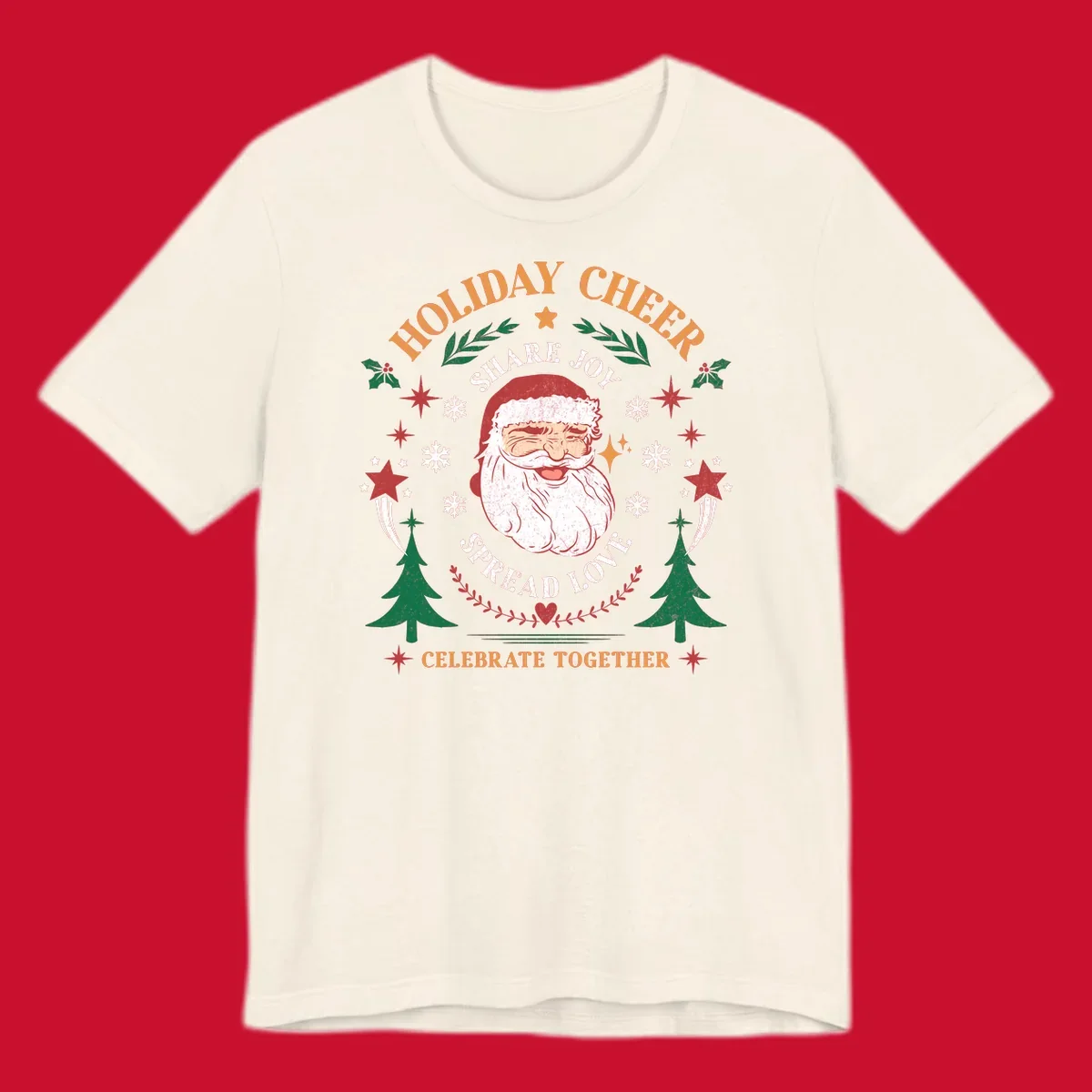 Santa Claus holiday cheer graphic with festive elements and text, for Christmas shirts.