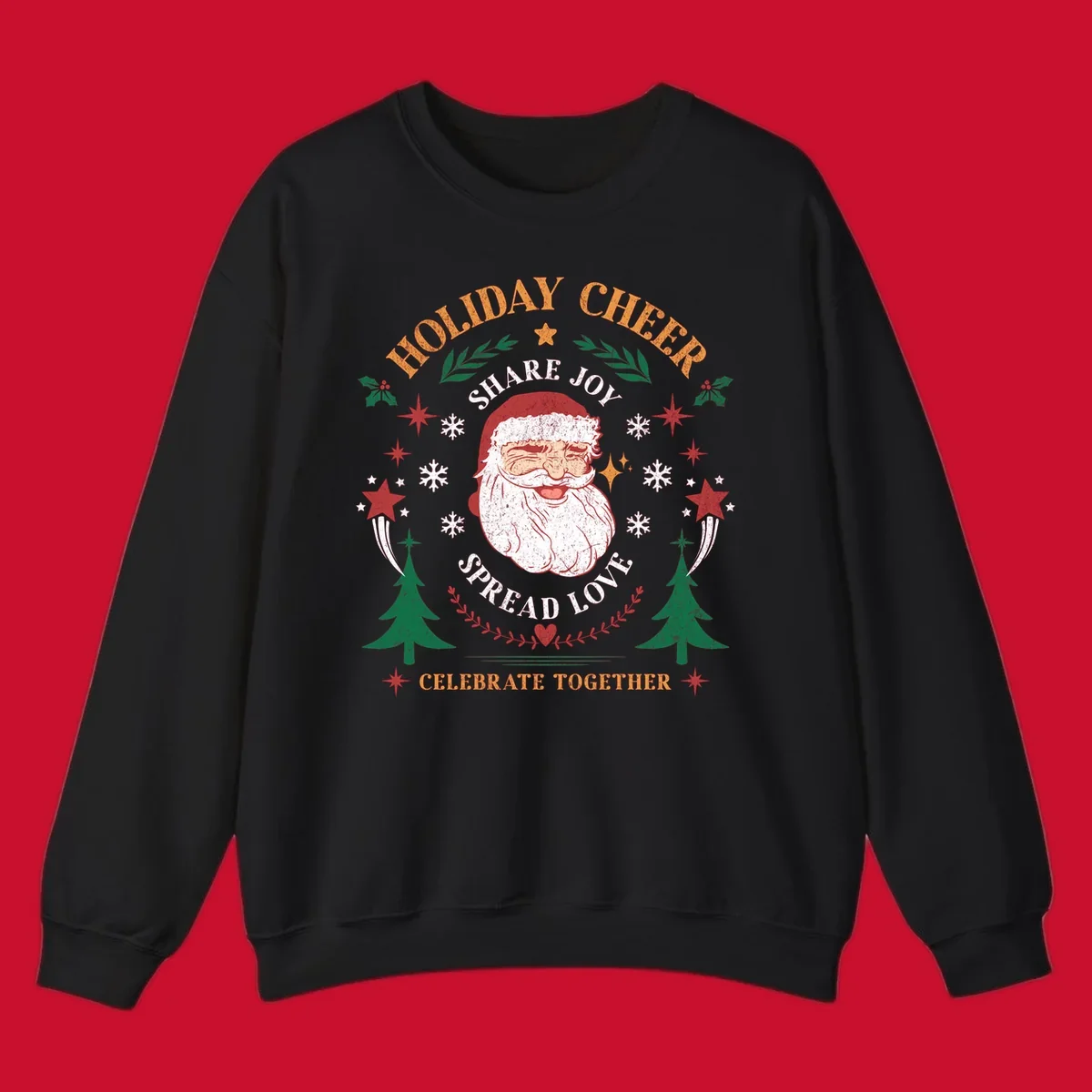 Santa Claus holiday cheer graphic with festive elements and text, for Christmas shirts.