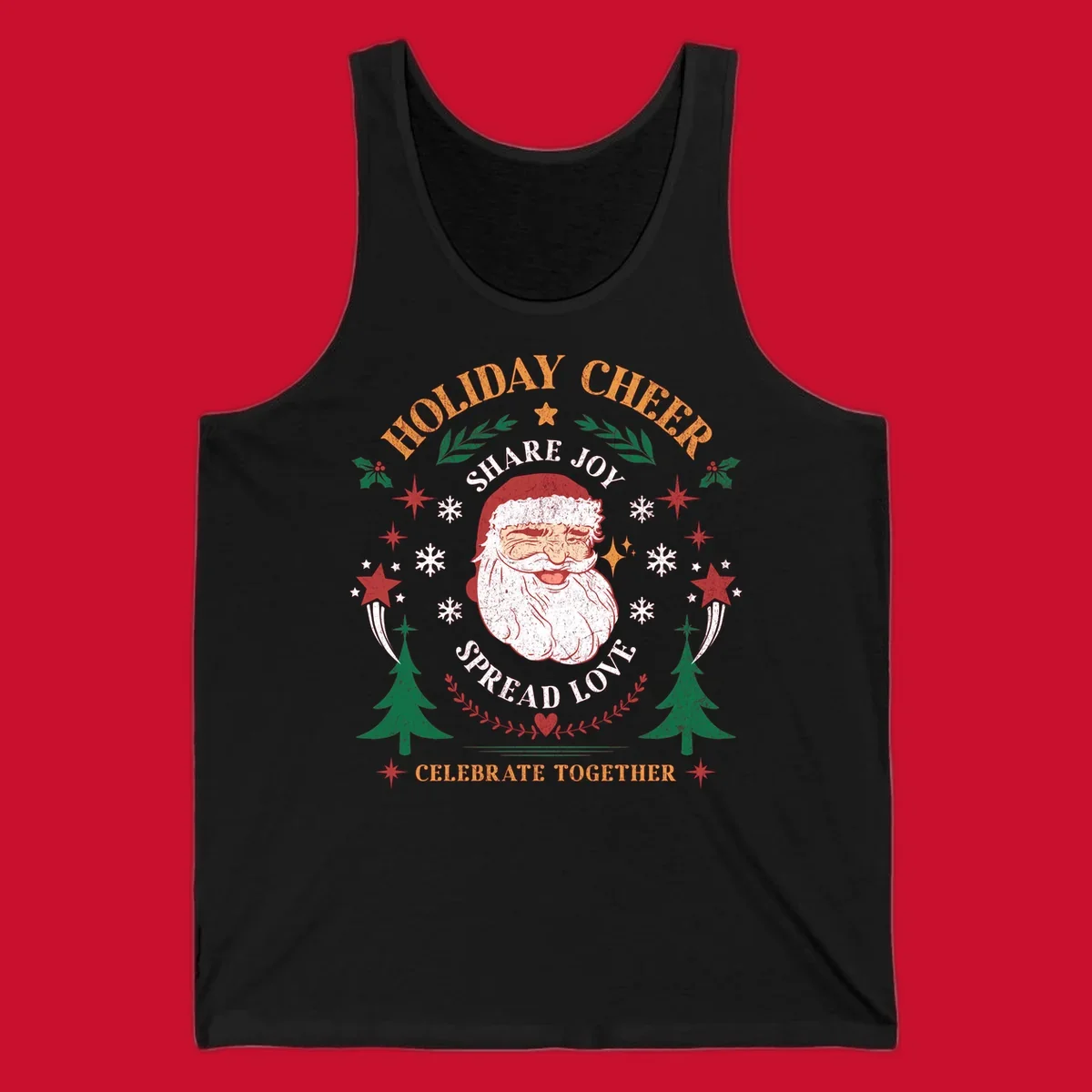 Santa Claus holiday cheer graphic with festive elements and text, for Christmas shirts.