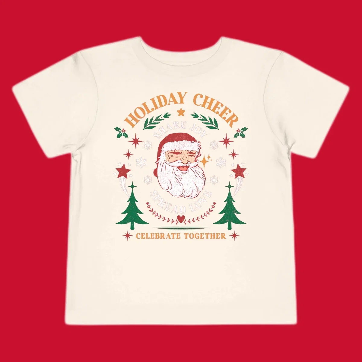 Santa Claus holiday cheer graphic with festive elements and text, for Christmas shirts.
