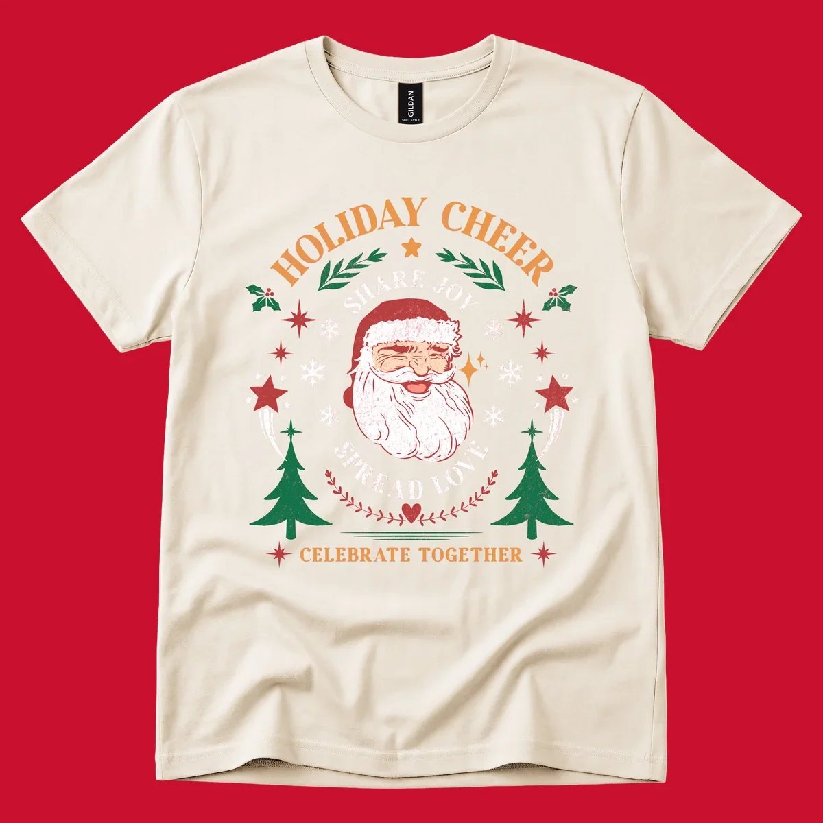 Santa Claus holiday cheer graphic with festive elements and text, for Christmas shirts.