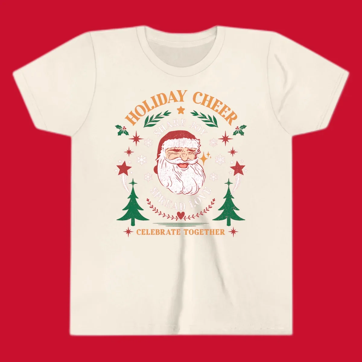 Santa Claus holiday cheer graphic with festive elements and text, for Christmas shirts.