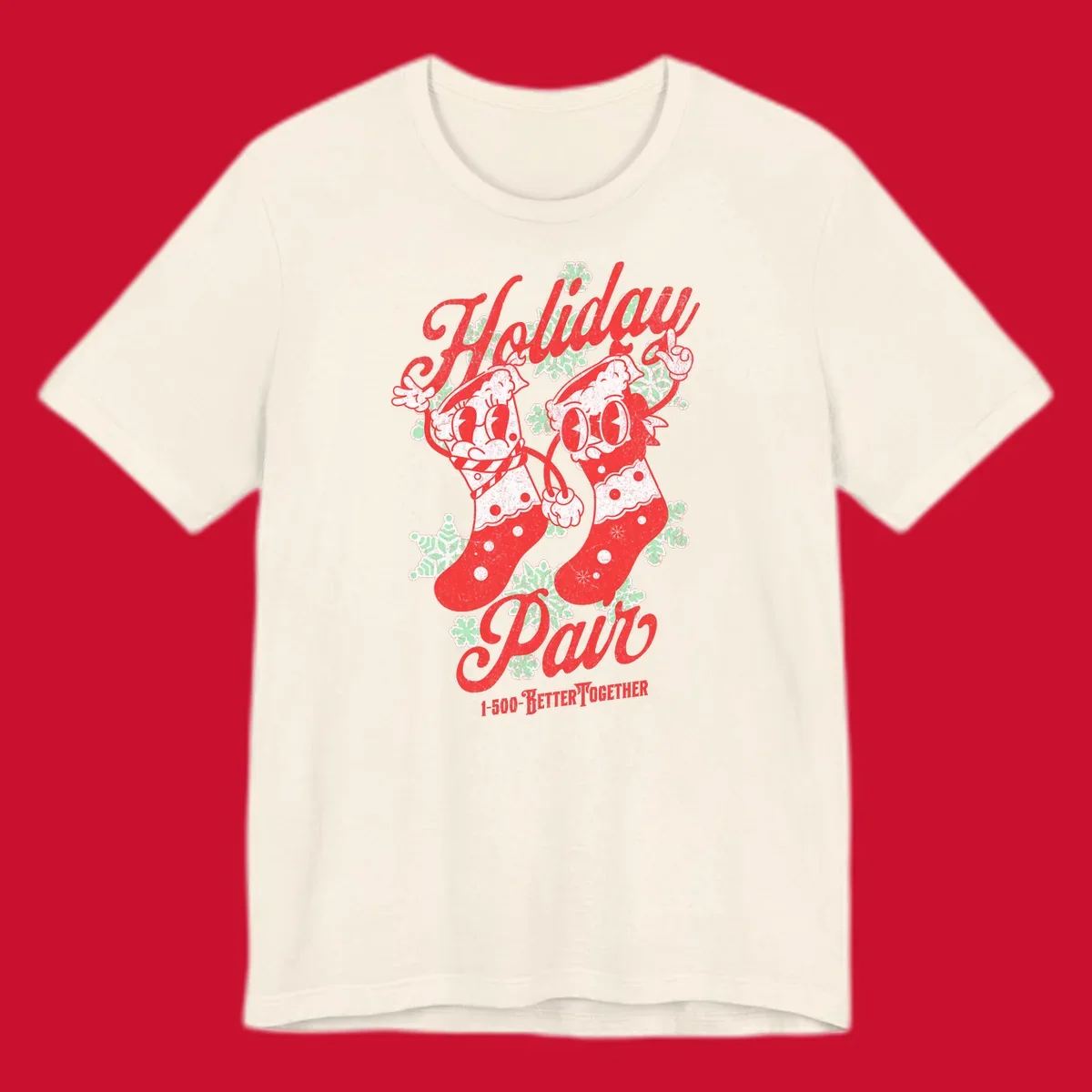 Holiday pair Christmas stockings illustration with snowflakes and text