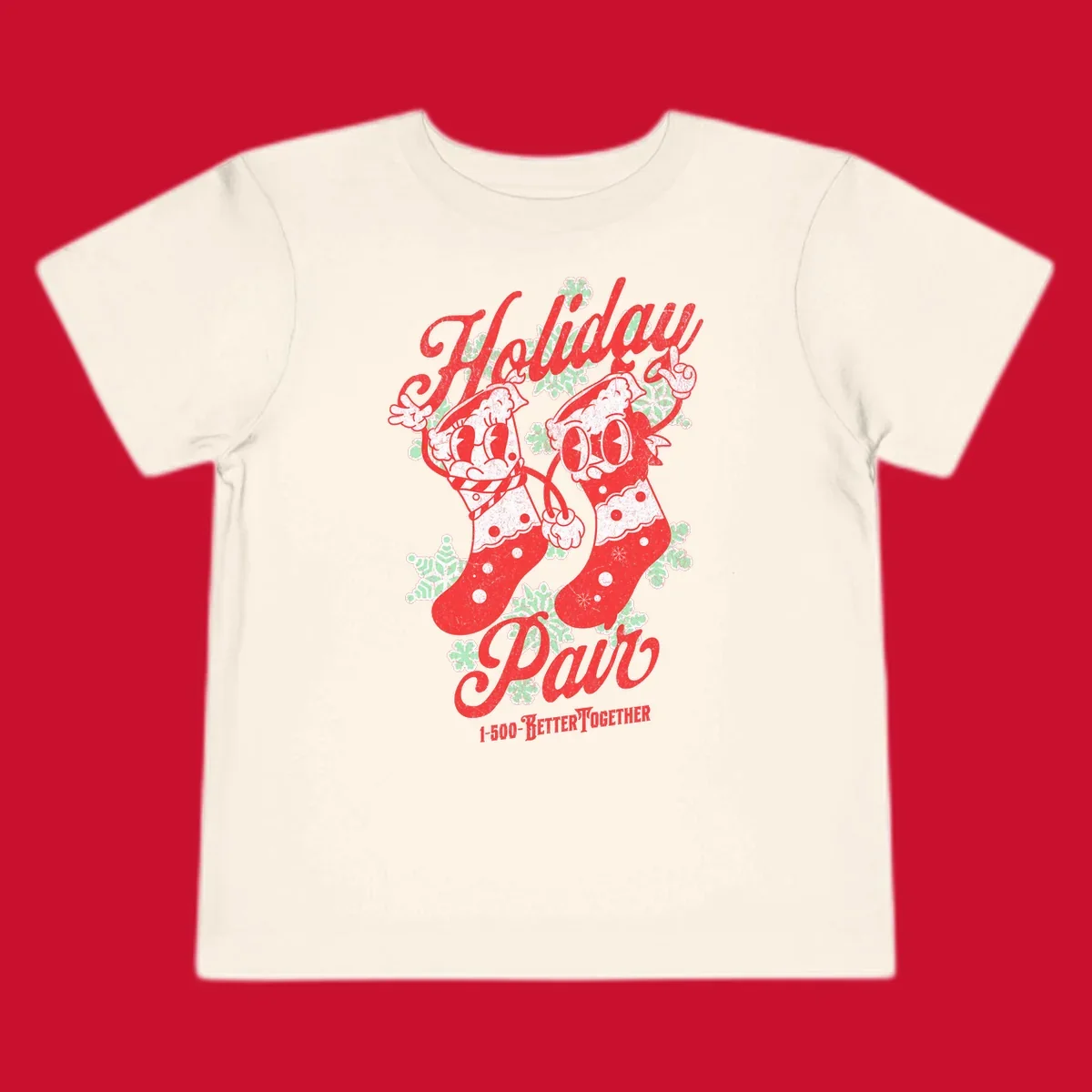 Holiday pair Christmas stockings illustration with snowflakes and text