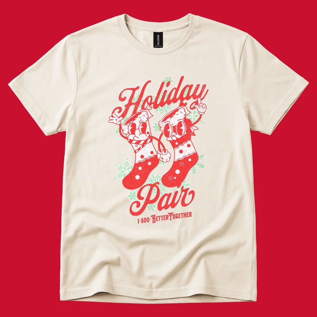 Holiday pair Christmas stockings illustration with snowflakes and text