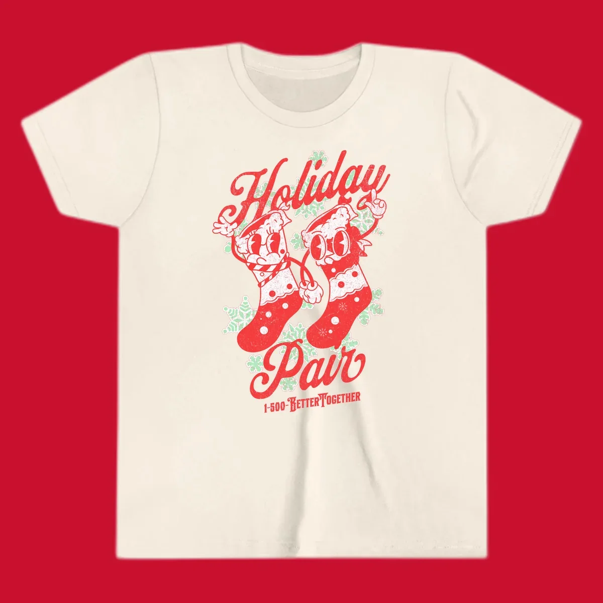 Holiday pair Christmas stockings illustration with snowflakes and text