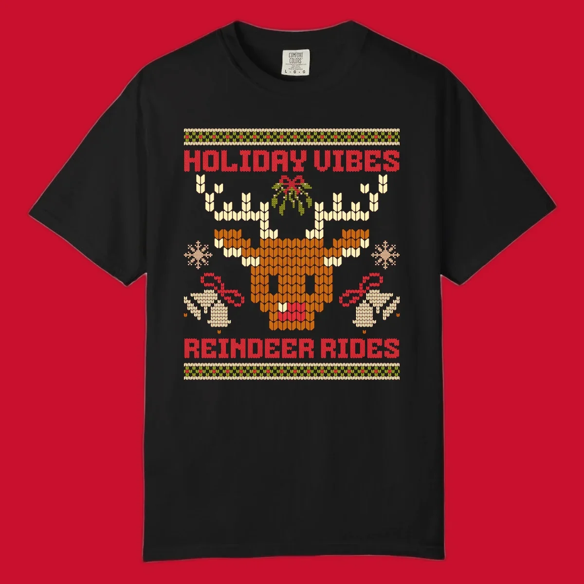 Ugly Christmas design with reindeer head, mistletoe, snowflakes, bells, and text HOLIDAY VIBES REINDEER RIDES.