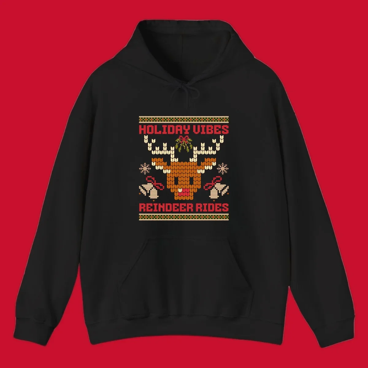 Ugly Christmas design with reindeer head, mistletoe, snowflakes, bells, and text HOLIDAY VIBES REINDEER RIDES.