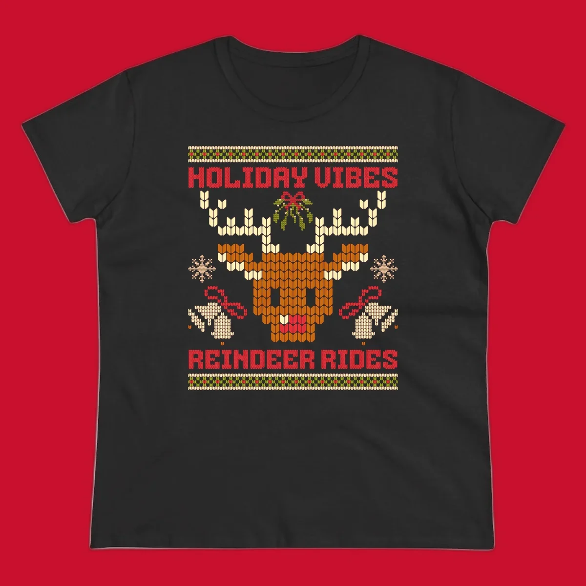 Ugly Christmas design with reindeer head, mistletoe, snowflakes, bells, and text HOLIDAY VIBES REINDEER RIDES.