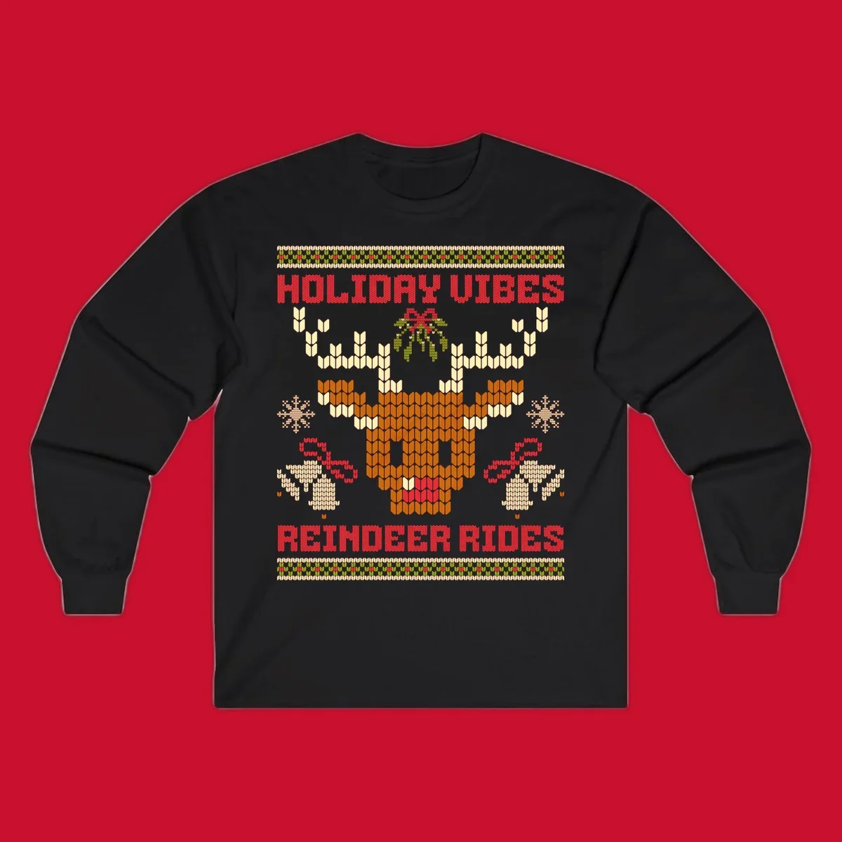 Ugly Christmas design with reindeer head, mistletoe, snowflakes, bells, and text HOLIDAY VIBES REINDEER RIDES.