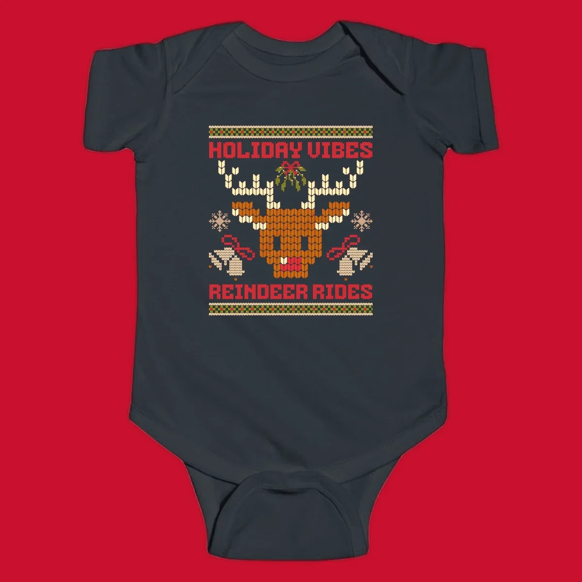 Ugly Christmas design with reindeer head, mistletoe, snowflakes, bells, and text HOLIDAY VIBES REINDEER RIDES.