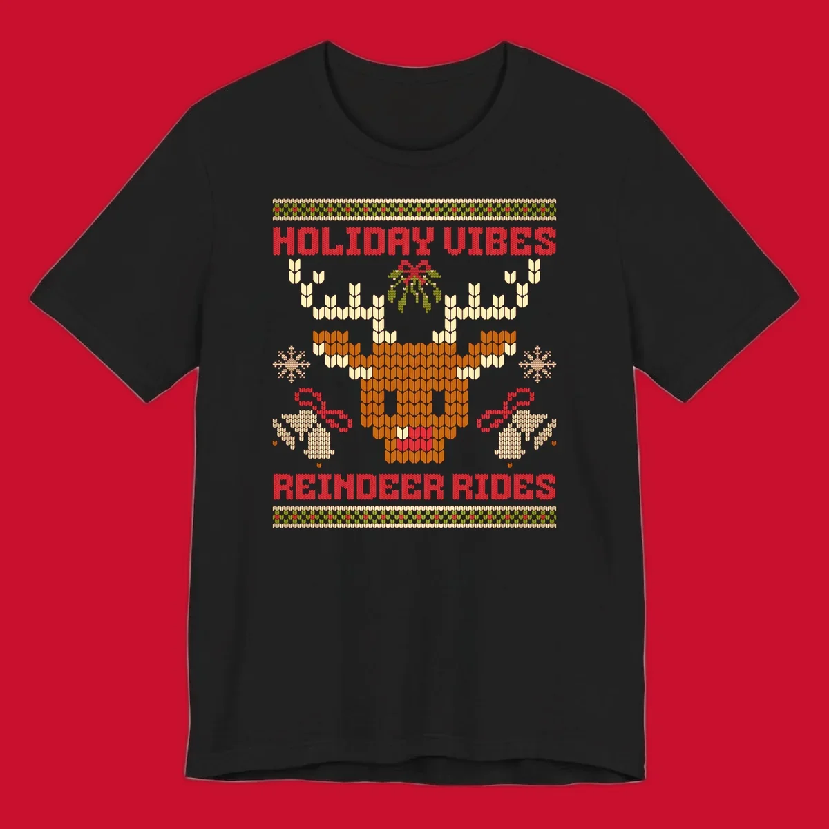 Ugly Christmas design with reindeer head, mistletoe, snowflakes, bells, and text HOLIDAY VIBES REINDEER RIDES.
