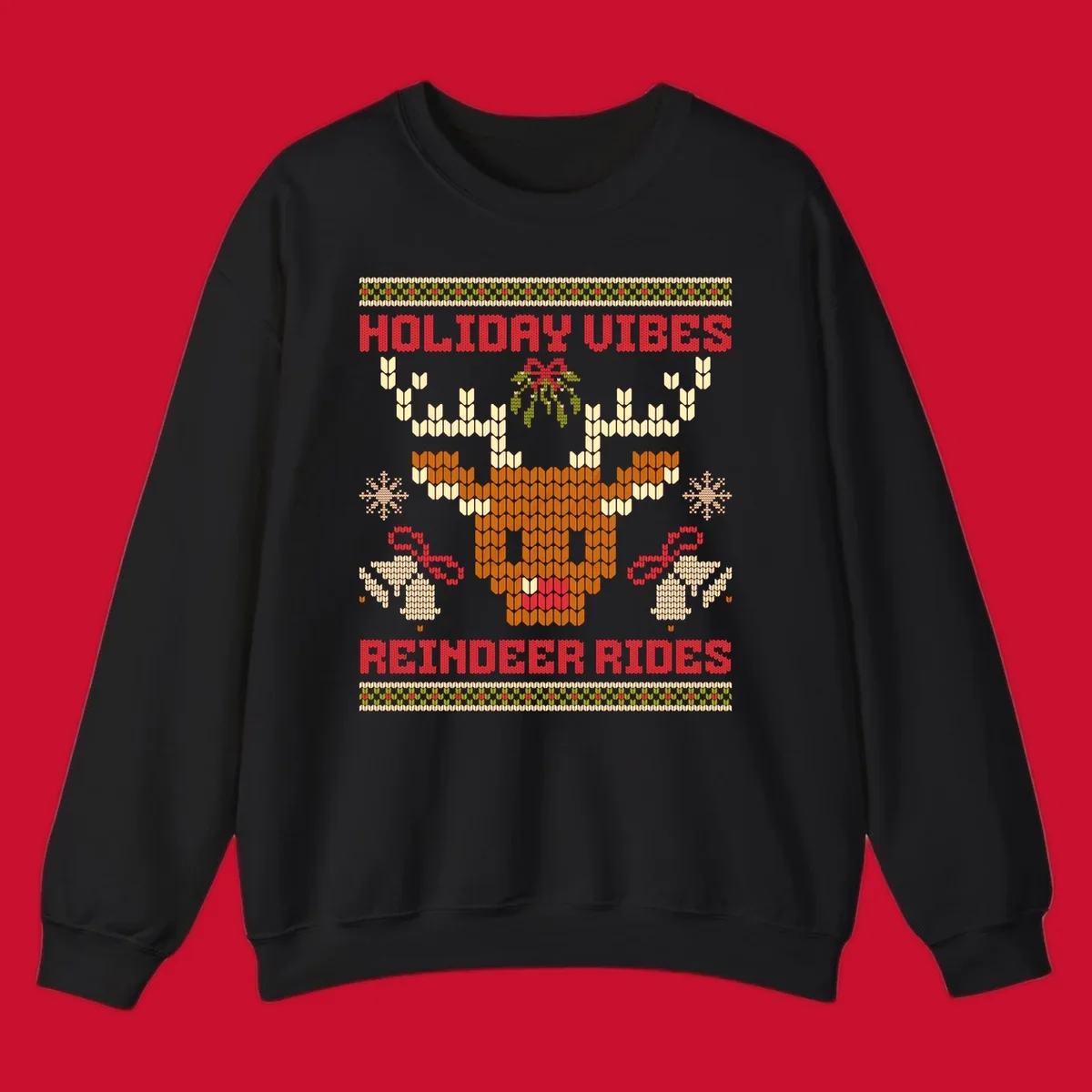 Ugly Christmas design with reindeer head, mistletoe, snowflakes, bells, and text HOLIDAY VIBES REINDEER RIDES.
